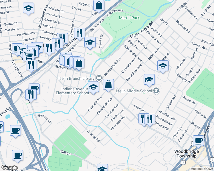 map of restaurants, bars, coffee shops, grocery stores, and more near 1053 Green Street in Woodbridge Township
