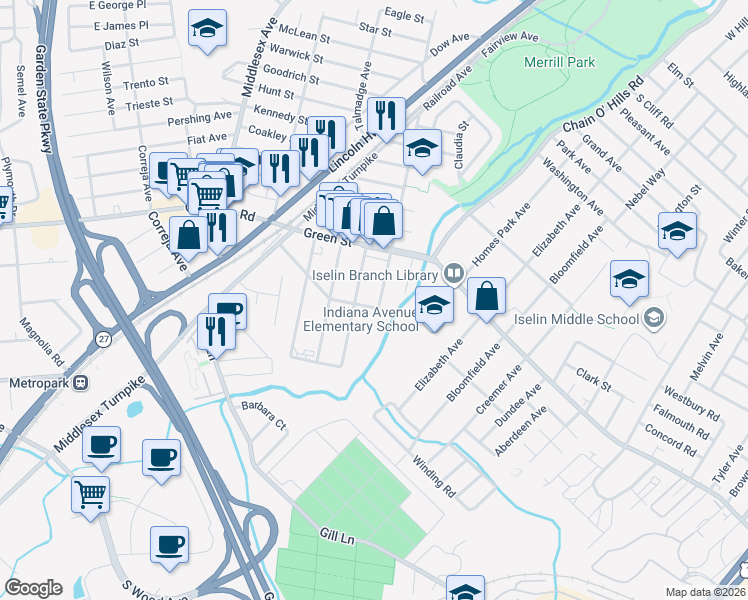 map of restaurants, bars, coffee shops, grocery stores, and more near 109 Berkley Boulevard in Woodbridge Township