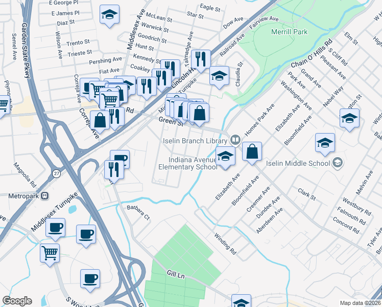 map of restaurants, bars, coffee shops, grocery stores, and more near 109 Berkley Boulevard in Woodbridge Township