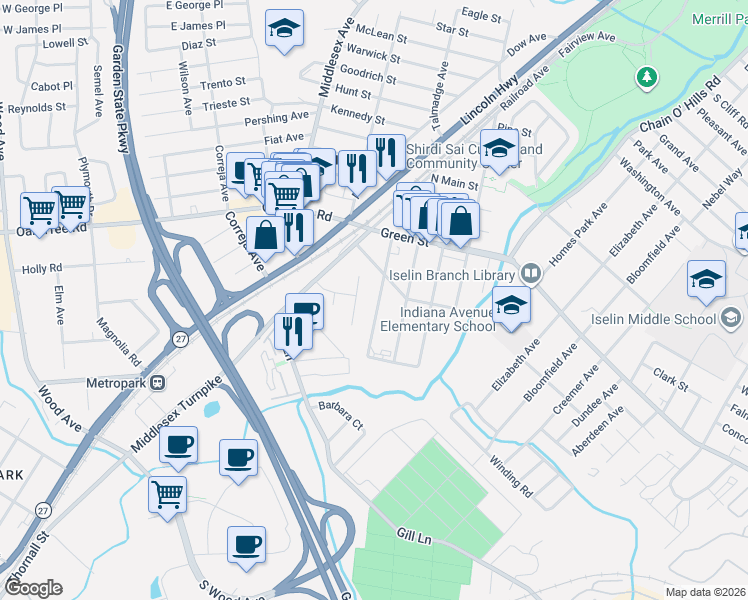 map of restaurants, bars, coffee shops, grocery stores, and more near 125 Cooper Avenue in Woodbridge Township