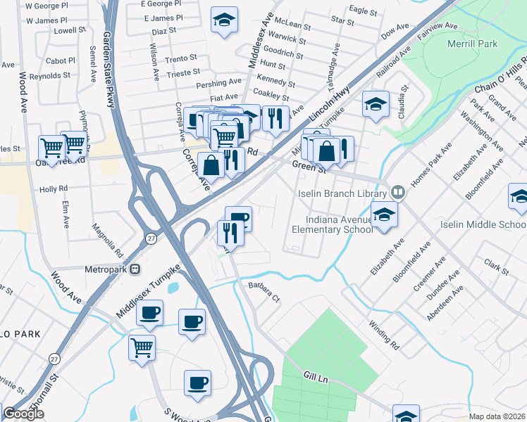 map of restaurants, bars, coffee shops, grocery stores, and more near 11 Libby Lane in Woodbridge Township