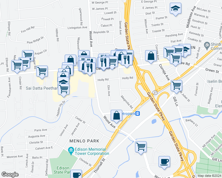 map of restaurants, bars, coffee shops, grocery stores, and more near 75 Elm Avenue in Woodbridge Township