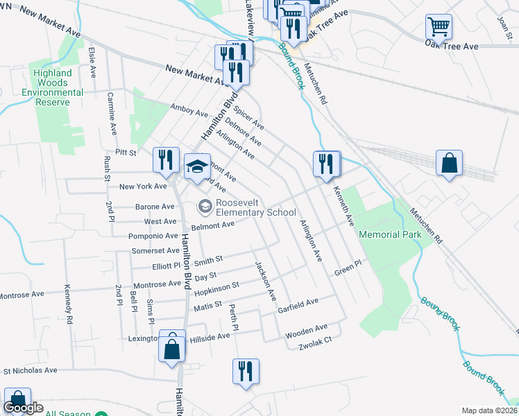 map of restaurants, bars, coffee shops, grocery stores, and more near 308 Harvard Avenue in South Plainfield