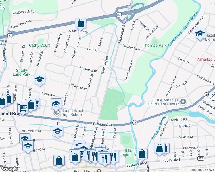 map of restaurants, bars, coffee shops, grocery stores, and more near 585 Mountain Avenue in Bound Brook
