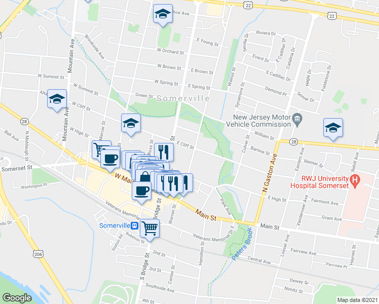 map of restaurants, bars, coffee shops, grocery stores, and more near 73 Grove Street in Somerville