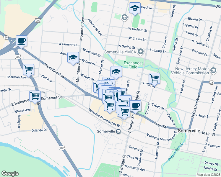 map of restaurants, bars, coffee shops, grocery stores, and more near 69 West High Street in Somerville