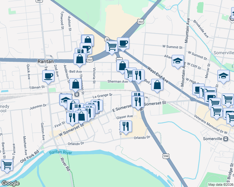 map of restaurants, bars, coffee shops, grocery stores, and more near 22 Reimer Street in Raritan