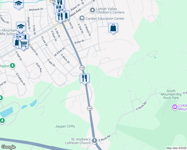 map of restaurants, bars, coffee shops, grocery stores, and more near 1 Mountain Park Road in Allentown