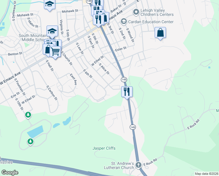 map of restaurants, bars, coffee shops, grocery stores, and more near 2622 South Law Street in Allentown
