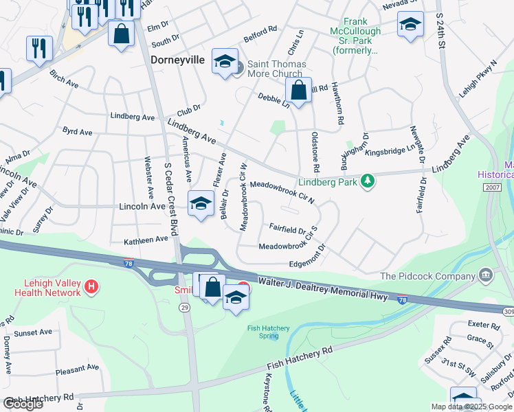 map of restaurants, bars, coffee shops, grocery stores, and more near 1140 Clearwood Drive in Allentown