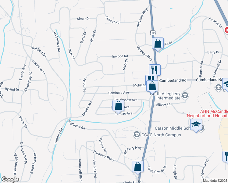 map of restaurants, bars, coffee shops, grocery stores, and more near 329 Seminole Avenue in Pittsburgh