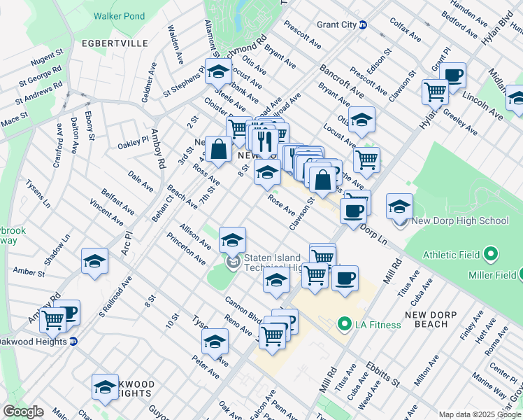 map of restaurants, bars, coffee shops, grocery stores, and more near 284 Ross Avenue in Staten Island