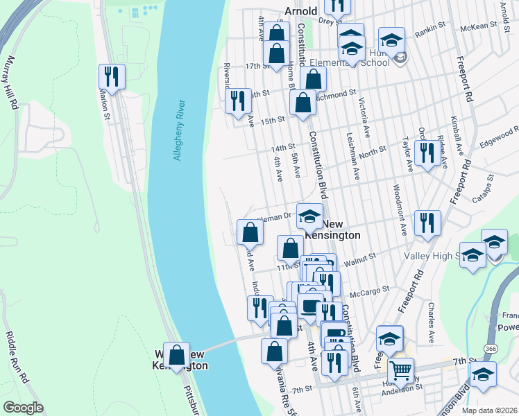 map of restaurants, bars, coffee shops, grocery stores, and more near in NEW KENSINGTN