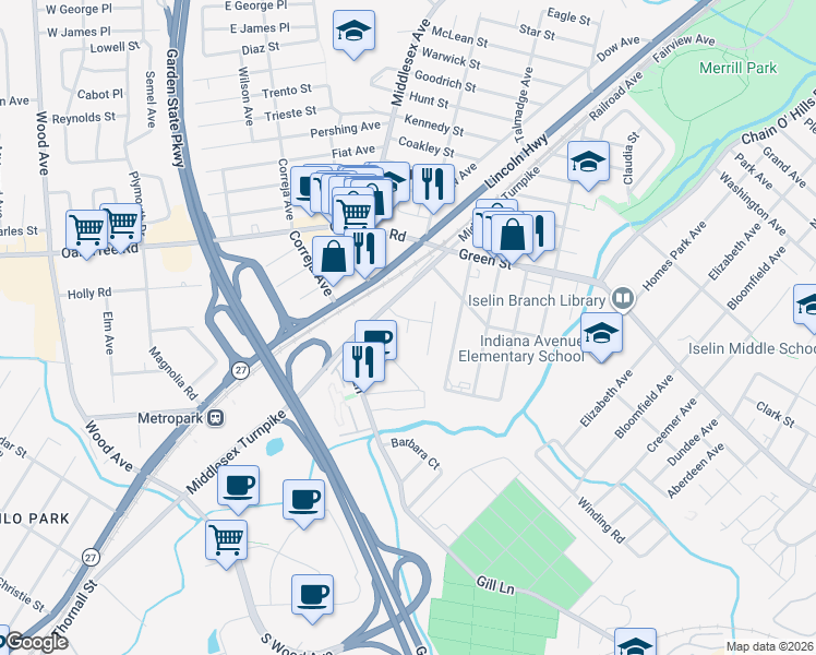 map of restaurants, bars, coffee shops, grocery stores, and more near 11 Libby Lane in Woodbridge Township