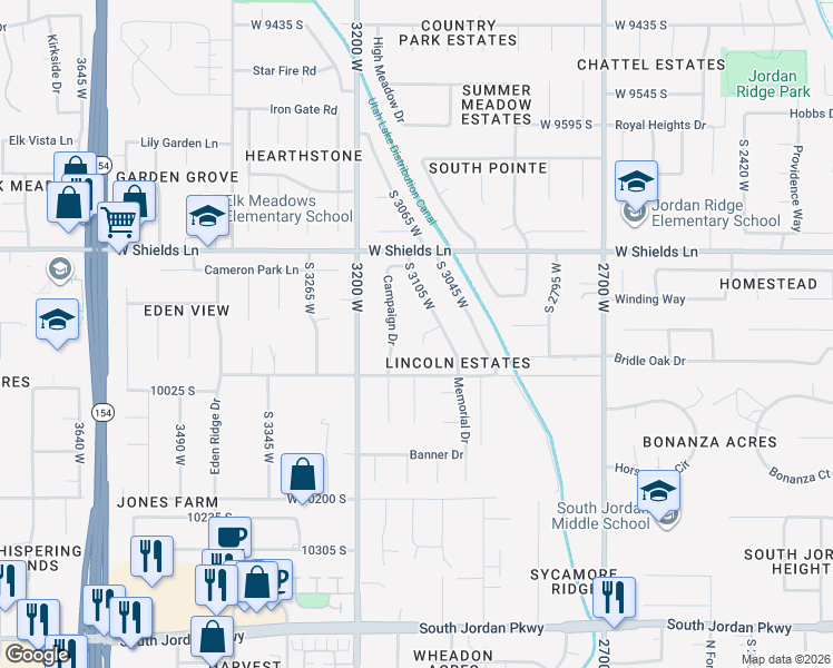 map of restaurants, bars, coffee shops, grocery stores, and more near 3062 Memorial Circle in South Jordan