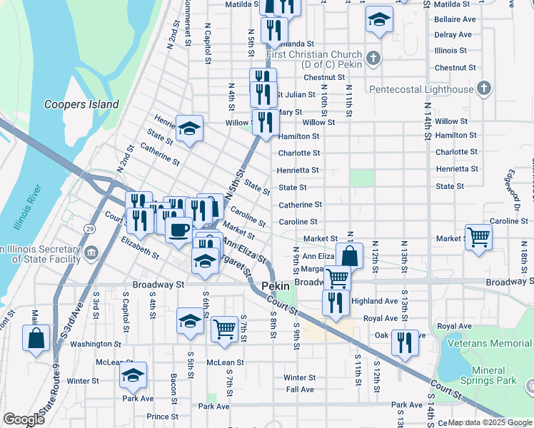map of restaurants, bars, coffee shops, grocery stores, and more near 613-617 Caroline Street in Pekin