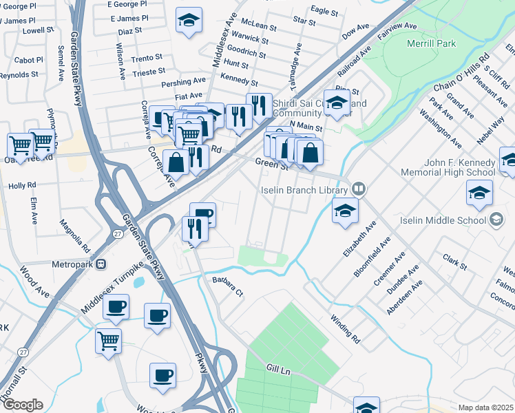 map of restaurants, bars, coffee shops, grocery stores, and more near 140 Cooper Avenue in Woodbridge Township