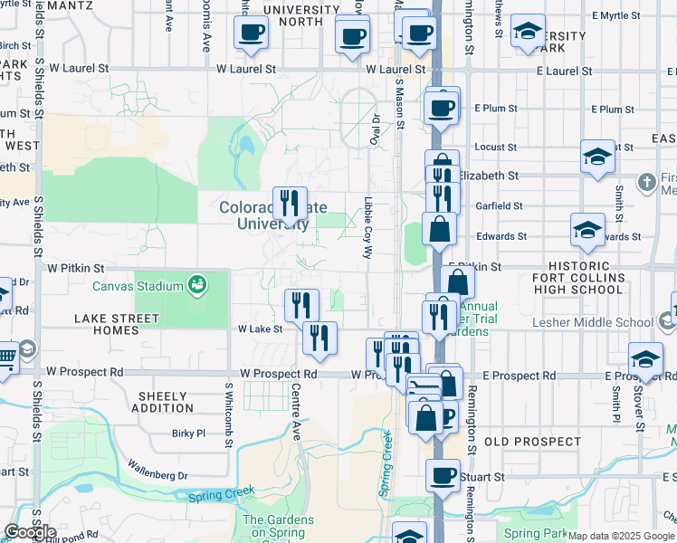 map of restaurants, bars, coffee shops, grocery stores, and more near 350 West Pitkin Street in Fort Collins