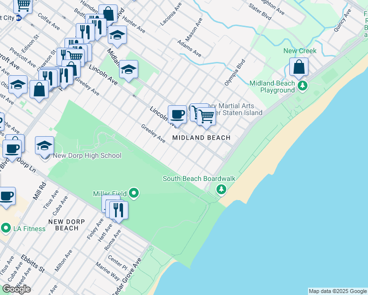 map of restaurants, bars, coffee shops, grocery stores, and more near 1148 Olympia Boulevard in Staten Island