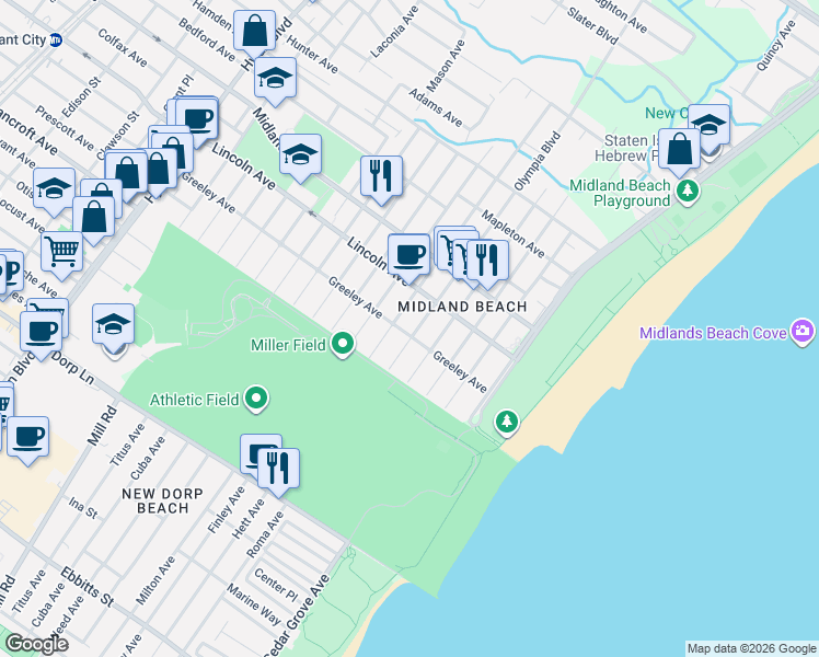map of restaurants, bars, coffee shops, grocery stores, and more near 564 Greeley Avenue in Staten Island