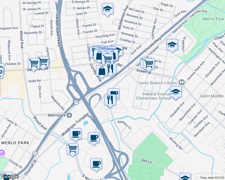 map of restaurants, bars, coffee shops, grocery stores, and more near 1 North Juliet Street in Woodbridge Township