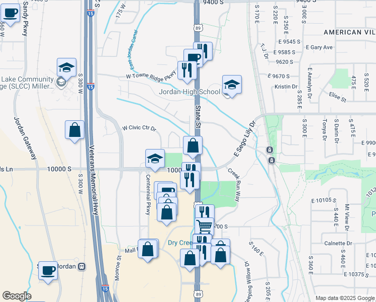 map of restaurants, bars, coffee shops, grocery stores, and more near 27 West Evening Star Way in Sandy