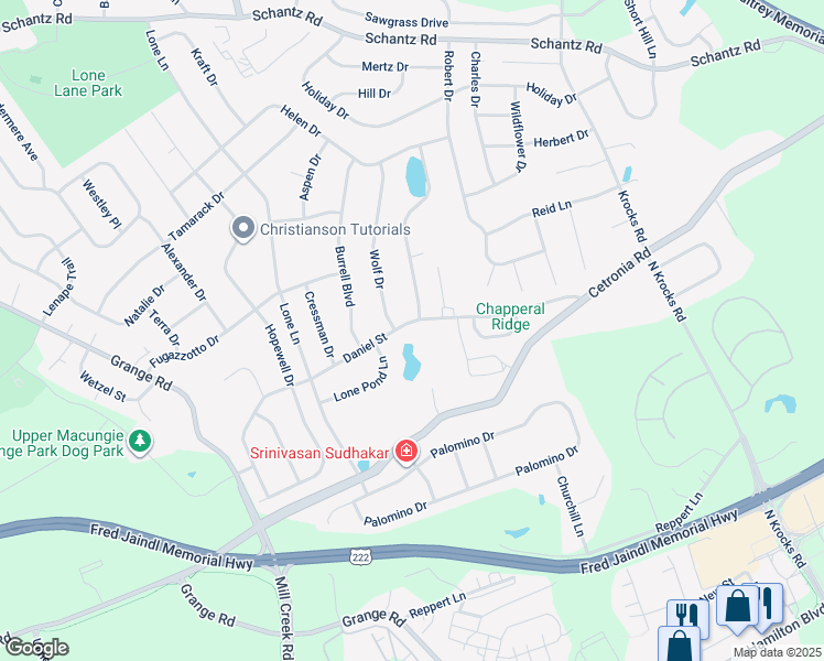 map of restaurants, bars, coffee shops, grocery stores, and more near 5950 Daniel Street in Allentown