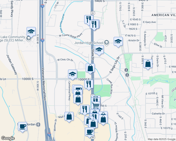 map of restaurants, bars, coffee shops, grocery stores, and more near 27 West Evening Star Way in Sandy