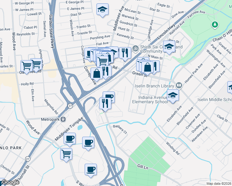 map of restaurants, bars, coffee shops, grocery stores, and more near 19 Kiva Street in Woodbridge Township