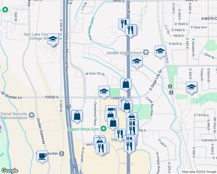 map of restaurants, bars, coffee shops, grocery stores, and more near 9927 Civic Center Drive in Sandy