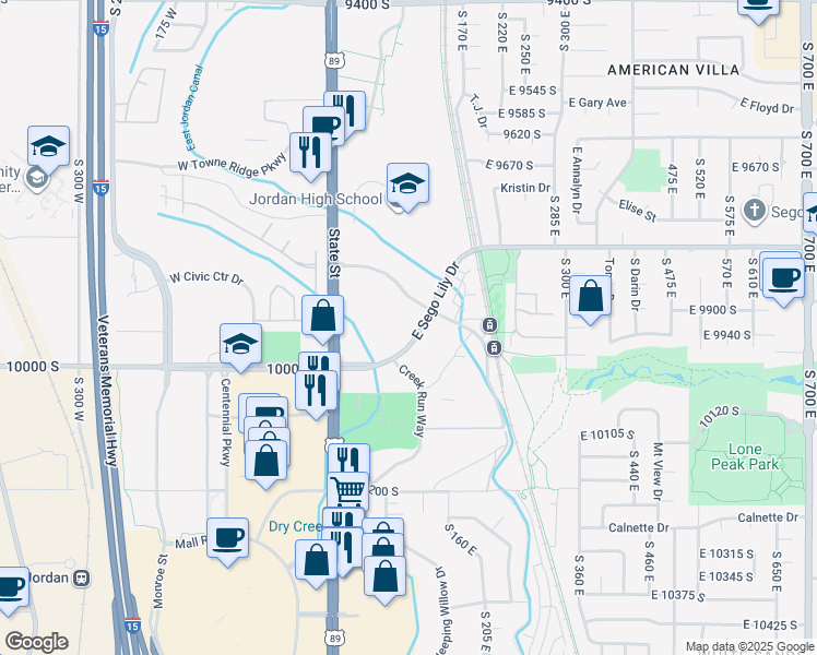 map of restaurants, bars, coffee shops, grocery stores, and more near 111 East Sego Lily Drive in Sandy