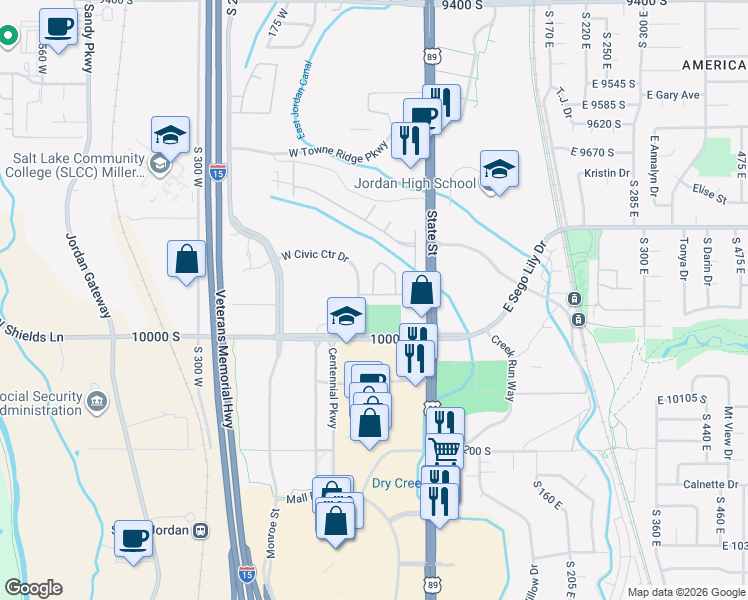 map of restaurants, bars, coffee shops, grocery stores, and more near 77 East 9920 South Street in Sandy