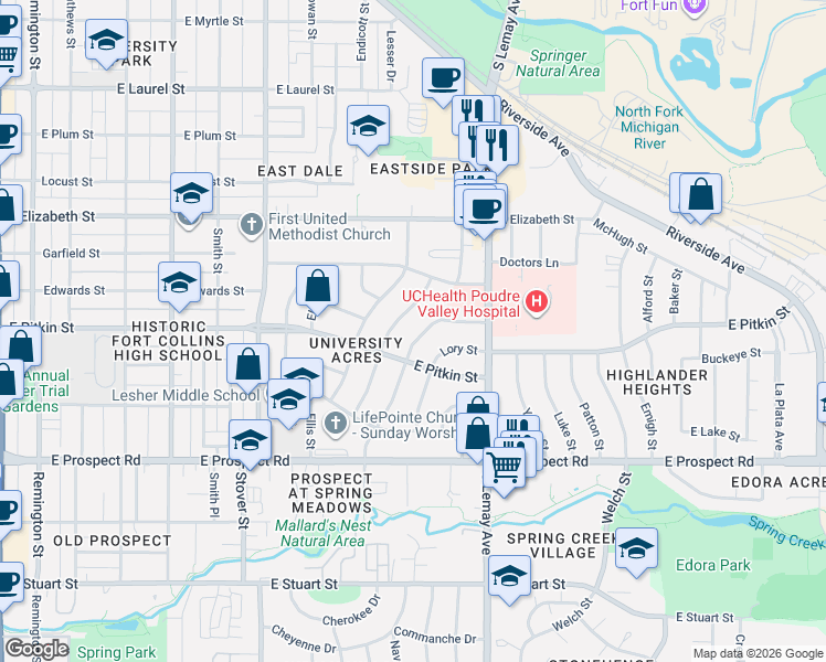 map of restaurants, bars, coffee shops, grocery stores, and more near 1216 Green Street in Fort Collins
