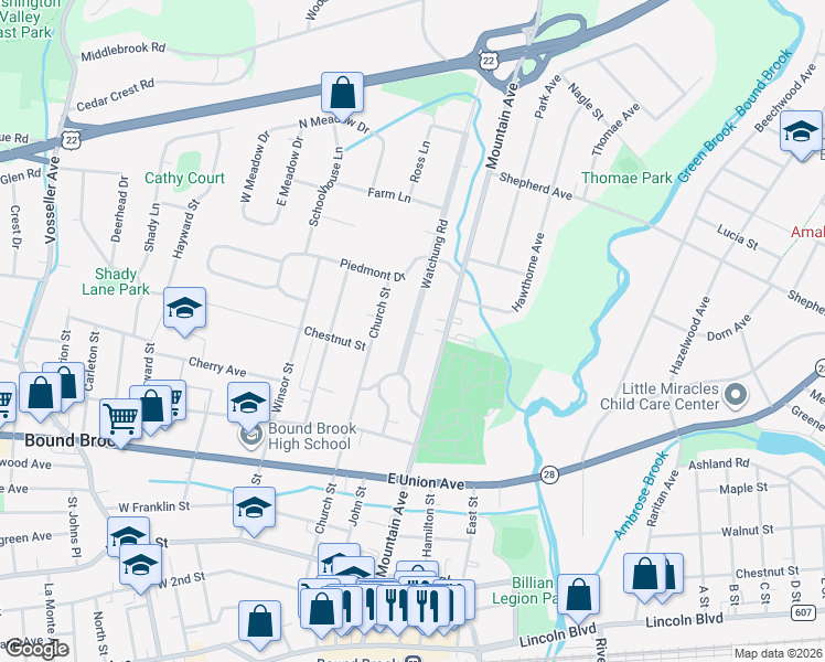 map of restaurants, bars, coffee shops, grocery stores, and more near 589 Watchung Road in Bound Brook