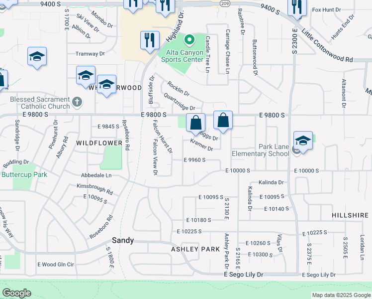 map of restaurants, bars, coffee shops, grocery stores, and more near 9925 Aplomado Drive in Sandy