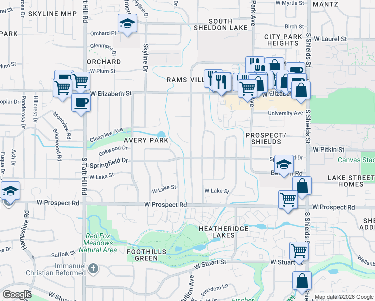 map of restaurants, bars, coffee shops, grocery stores, and more near 1241 Constitution Avenue in Fort Collins