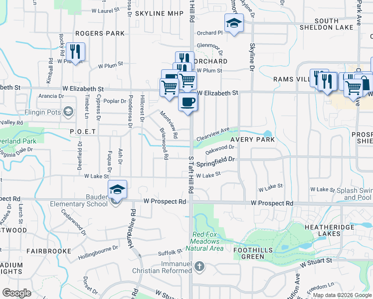 map of restaurants, bars, coffee shops, grocery stores, and more near 1217 South Taft Hill Road in Fort Collins