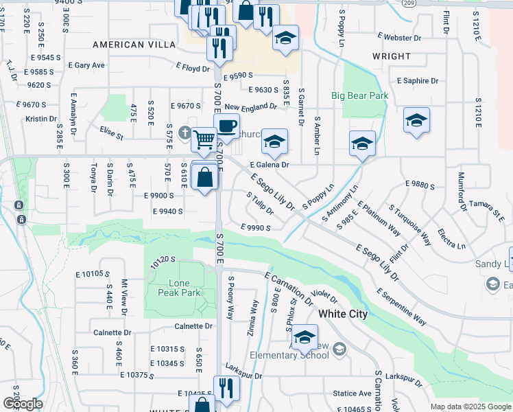 map of restaurants, bars, coffee shops, grocery stores, and more near 9955 South Aster Lane in Sandy
