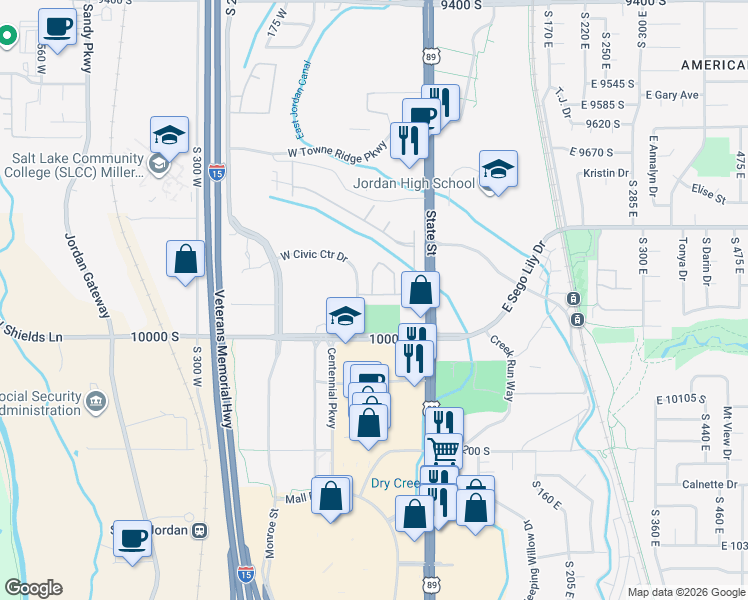 map of restaurants, bars, coffee shops, grocery stores, and more near 76 West Sego Lily Drive in Sandy