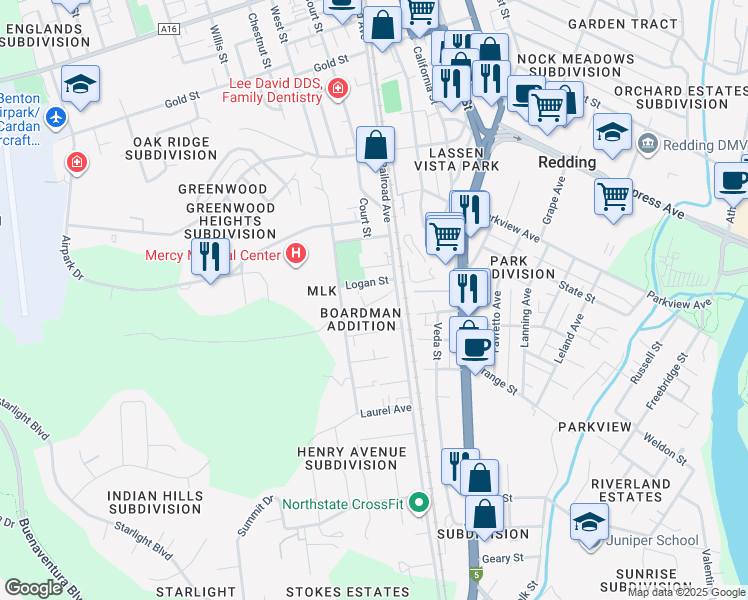 map of restaurants, bars, coffee shops, grocery stores, and more near 2825 West Street in Redding
