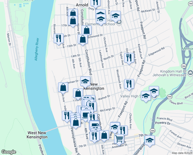 map of restaurants, bars, coffee shops, grocery stores, and more near 1223 Kenneth Avenue in New Kensington