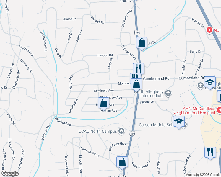 map of restaurants, bars, coffee shops, grocery stores, and more near 9021 Hillcrest Road in Pittsburgh
