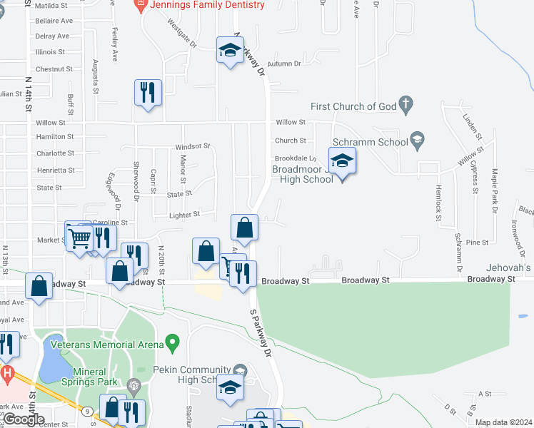 map of restaurants, bars, coffee shops, grocery stores, and more near 2217 Stoneybrook Road in Pekin
