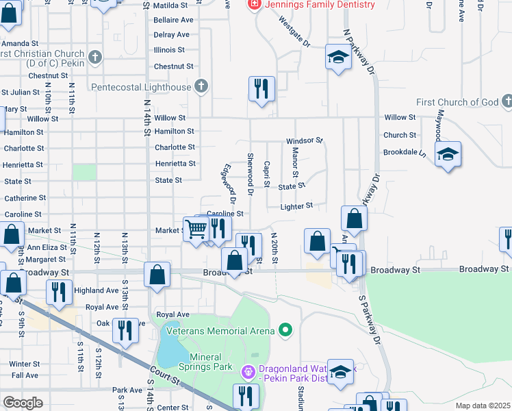 map of restaurants, bars, coffee shops, grocery stores, and more near 208 Sherwood Drive in Pekin