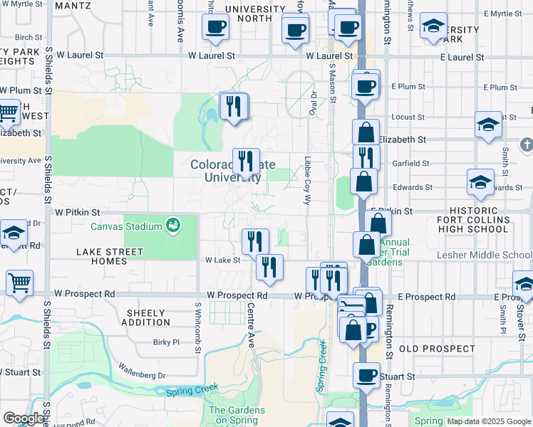 map of restaurants, bars, coffee shops, grocery stores, and more near 350 West Pitkin Street in Fort Collins