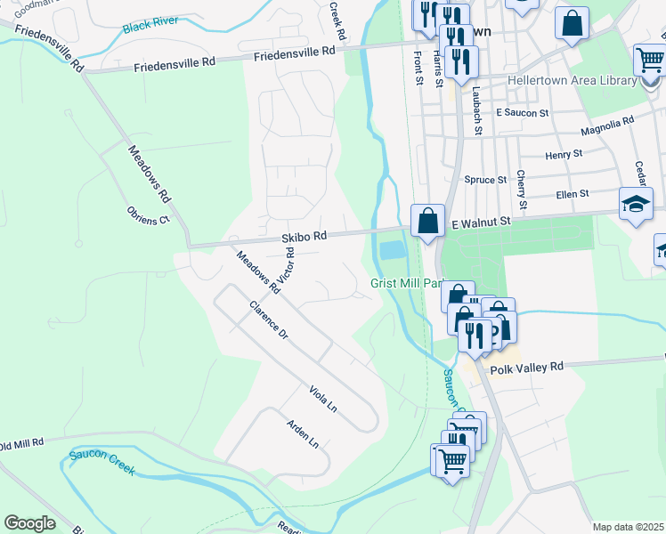 map of restaurants, bars, coffee shops, grocery stores, and more near 1893 Mill Run Court in Hellertown