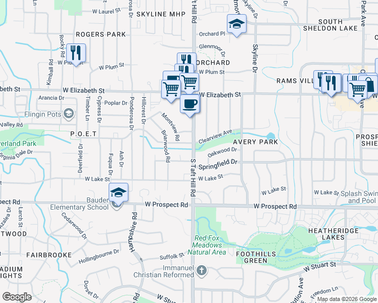 map of restaurants, bars, coffee shops, grocery stores, and more near 1217 South Taft Hill Road in Fort Collins