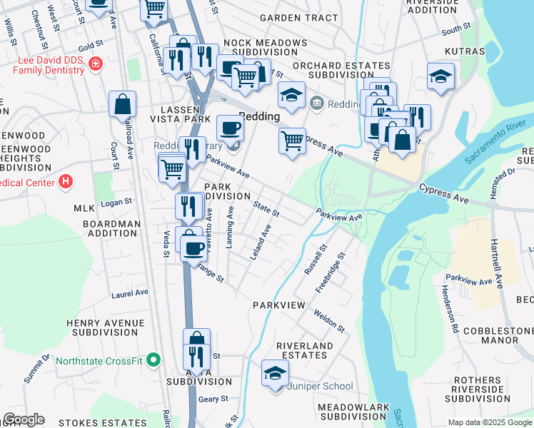 map of restaurants, bars, coffee shops, grocery stores, and more near 815 State Street in Redding