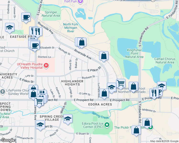 map of restaurants, bars, coffee shops, grocery stores, and more near 1616 Buckeye Street in Fort Collins