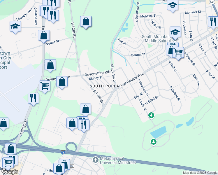 map of restaurants, bars, coffee shops, grocery stores, and more near 2310 S 11th St in Allentown